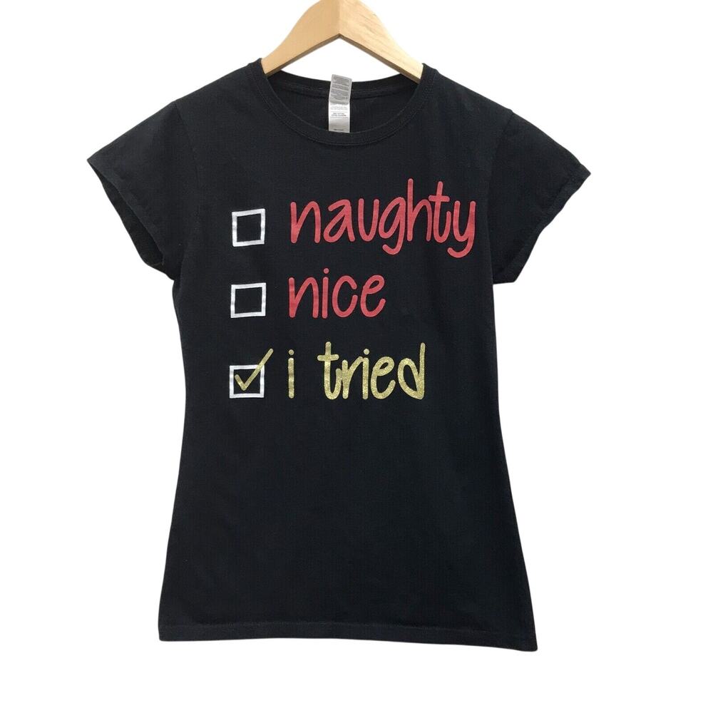 Christmas Naughty Nice Womens Small T Shirt Black